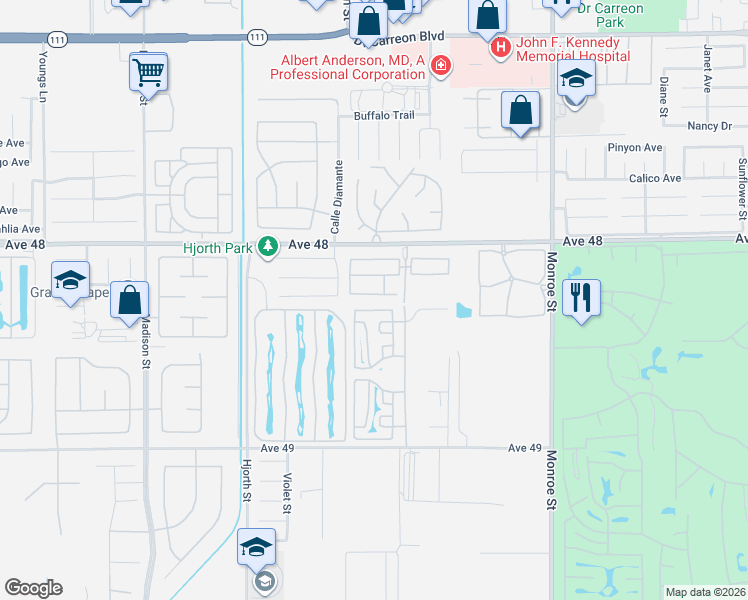 map of restaurants, bars, coffee shops, grocery stores, and more near Mountain View North in Indio