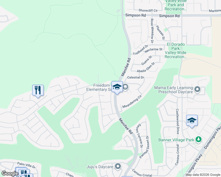 map of restaurants, bars, coffee shops, grocery stores, and more near 28953 Raintree Drive in Menifee