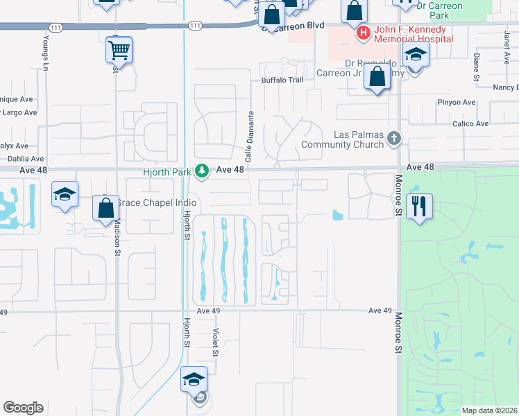 map of restaurants, bars, coffee shops, grocery stores, and more near 81641 Avenue 48 in Indio