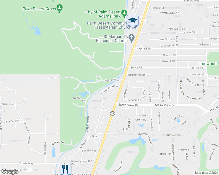 map of restaurants, bars, coffee shops, grocery stores, and more near 48767 Desert Flower Drive in Palm Desert