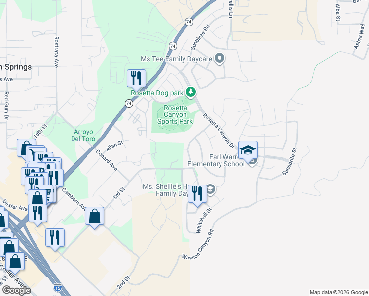 map of restaurants, bars, coffee shops, grocery stores, and more near 40988 Diana Lane in Lake Elsinore