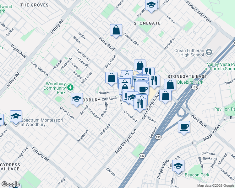 map of restaurants, bars, coffee shops, grocery stores, and more near 86 City Stroll in Irvine