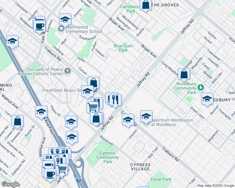 map of restaurants, bars, coffee shops, grocery stores, and more near 65 Secret Garden in Irvine