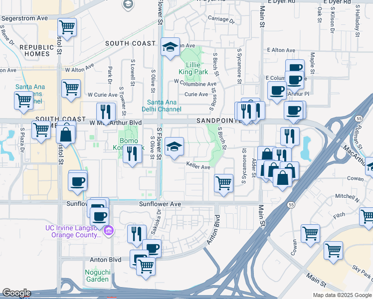 map of restaurants, bars, coffee shops, grocery stores, and more near 3726 South Parton Street in Santa Ana