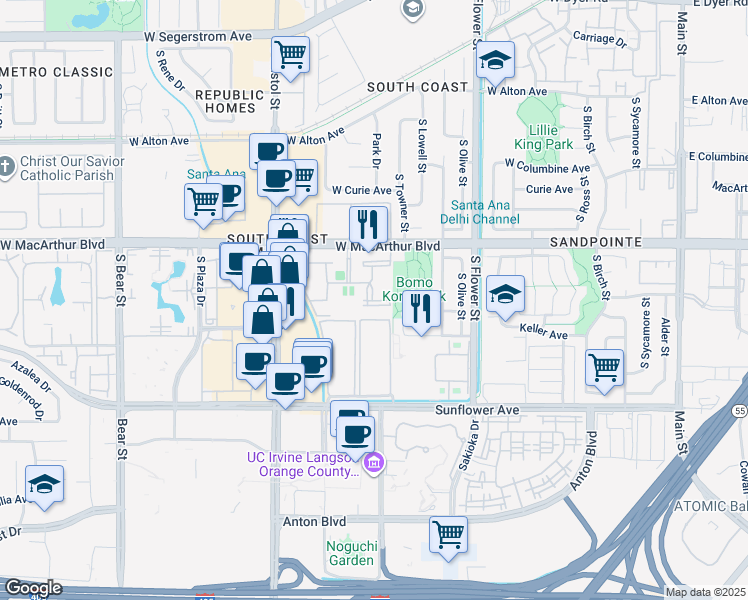 map of restaurants, bars, coffee shops, grocery stores, and more near 1000-1098 Orion Avenue in Santa Ana