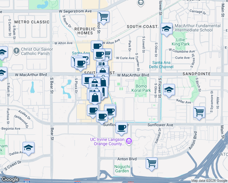 map of restaurants, bars, coffee shops, grocery stores, and more near 1030 West MacArthur Boulevard in Santa Ana