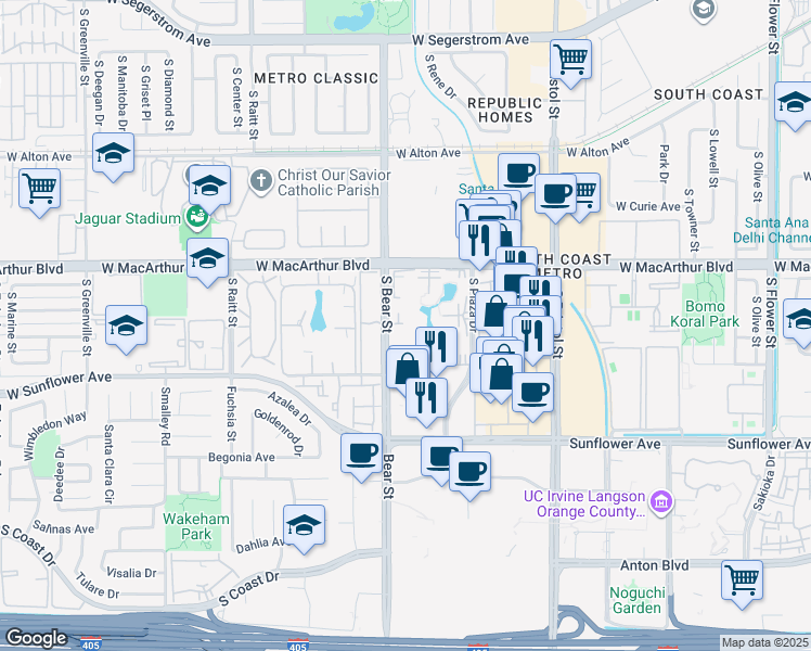 map of restaurants, bars, coffee shops, grocery stores, and more near 3645 South Bear Street in Santa Ana