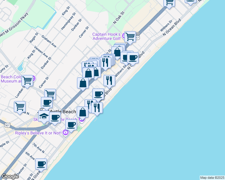 map of restaurants, bars, coffee shops, grocery stores, and more near 1700 North Ocean Boulevard in Myrtle Beach