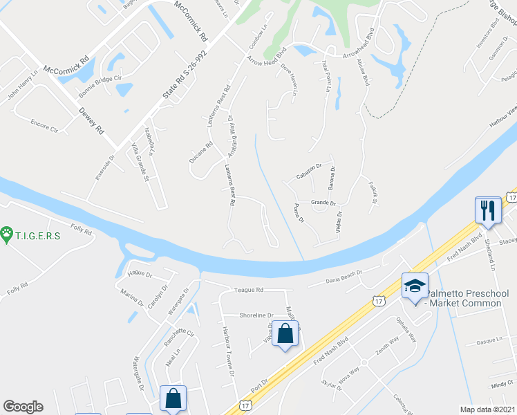 map of restaurants, bars, coffee shops, grocery stores, and more near 603 Riverwalk Drive in Myrtle Beach