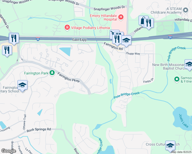 map of restaurants, bars, coffee shops, grocery stores, and more near 2635 Parrish Court in Stonecrest
