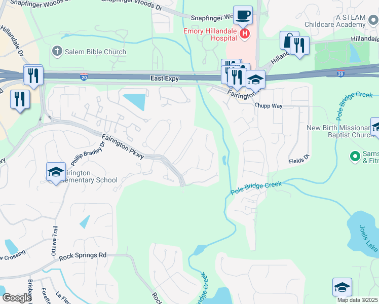 map of restaurants, bars, coffee shops, grocery stores, and more near 12201 Fairington Ridge Circle in Stonecrest