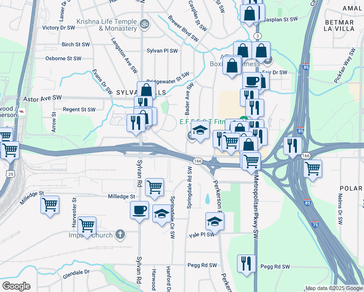map of restaurants, bars, coffee shops, grocery stores, and more near 2925 Lakewood Avenue Southwest in Atlanta