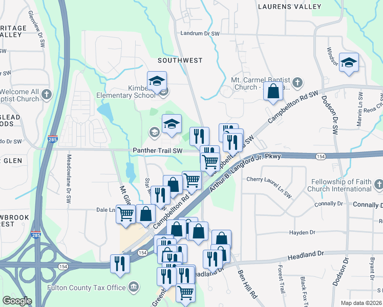 map of restaurants, bars, coffee shops, grocery stores, and more near 3048 Panther Trail Southwest in Atlanta