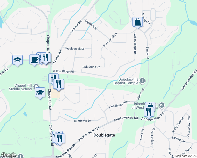 map of restaurants, bars, coffee shops, grocery stores, and more near 4065 Willow Ridge Road in Douglasville