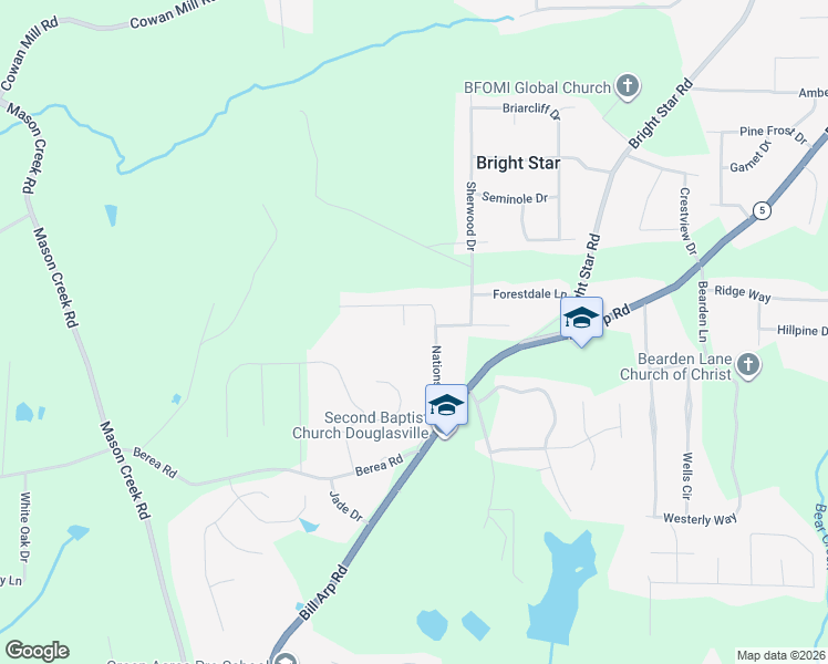 map of restaurants, bars, coffee shops, grocery stores, and more near 3980 Watkins Way in Douglasville
