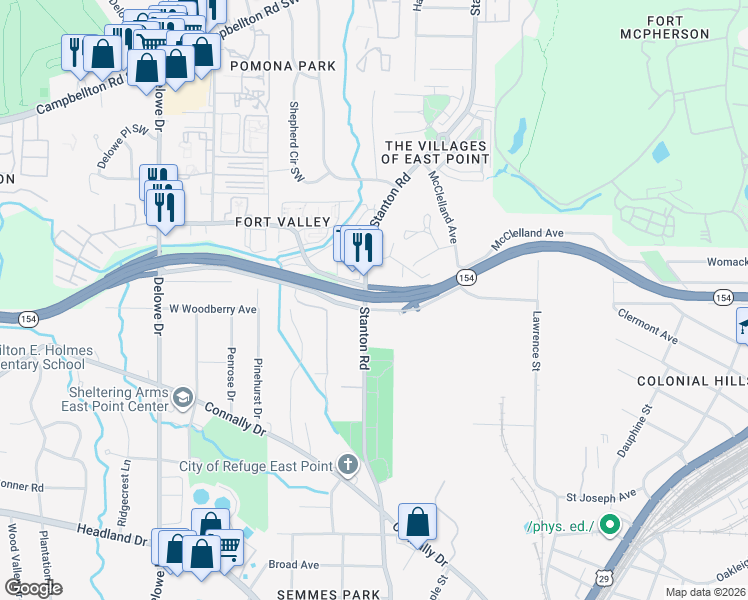 map of restaurants, bars, coffee shops, grocery stores, and more near Lakewood Fwy in Atlanta