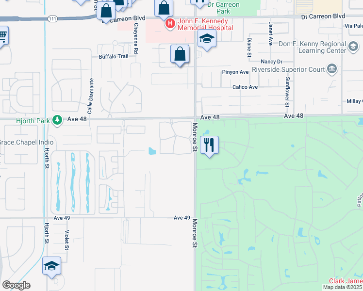 map of restaurants, bars, coffee shops, grocery stores, and more near 48255 Monroe Street in Indio