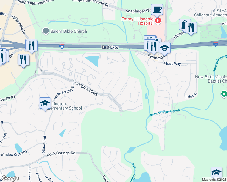 map of restaurants, bars, coffee shops, grocery stores, and more near 2103 Fairington Village Drive in Lithonia