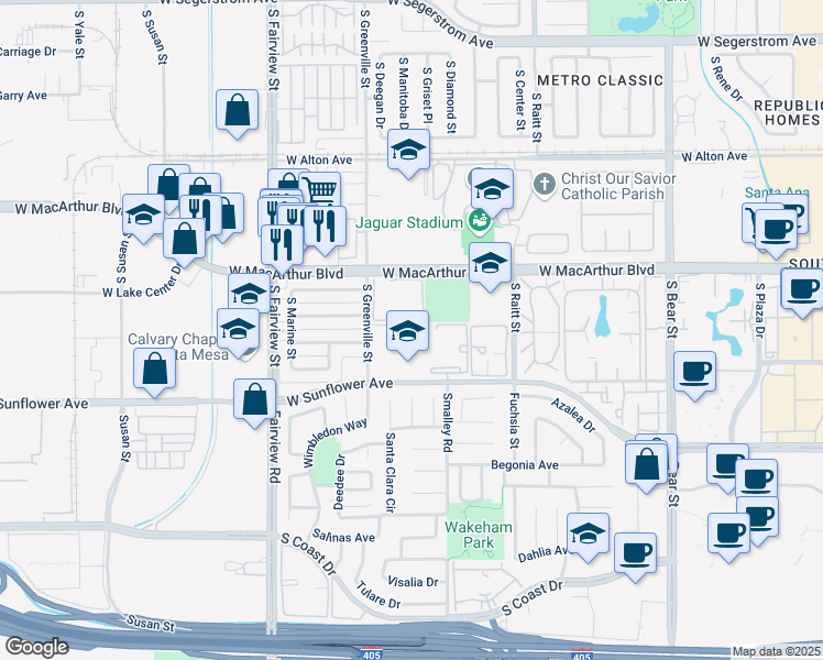 map of restaurants, bars, coffee shops, grocery stores, and more near 2511 West Sunflower Avenue in Santa Ana