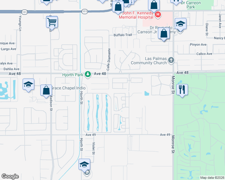 map of restaurants, bars, coffee shops, grocery stores, and more near 81641 Avenue 48 in Indio