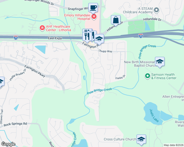 map of restaurants, bars, coffee shops, grocery stores, and more near 5856 Trent Walk Drive in Stonecrest