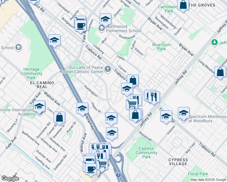 map of restaurants, bars, coffee shops, grocery stores, and more near 2 Ellisworth Aisle in Irvine