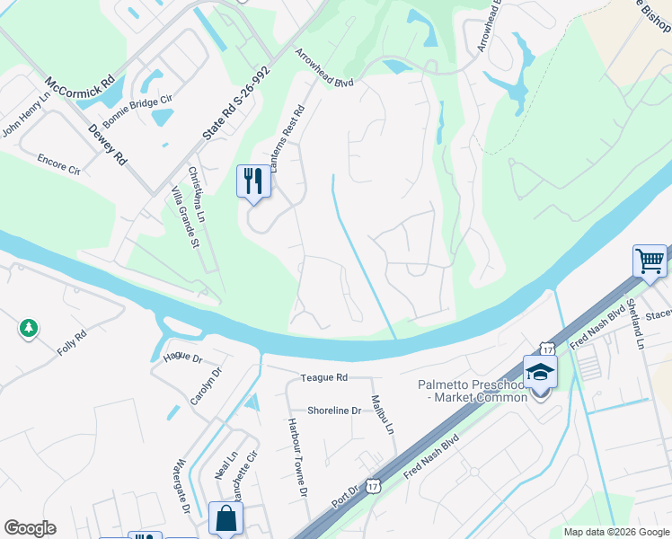 map of restaurants, bars, coffee shops, grocery stores, and more near 670 Riverwalk Drive in Myrtle Beach
