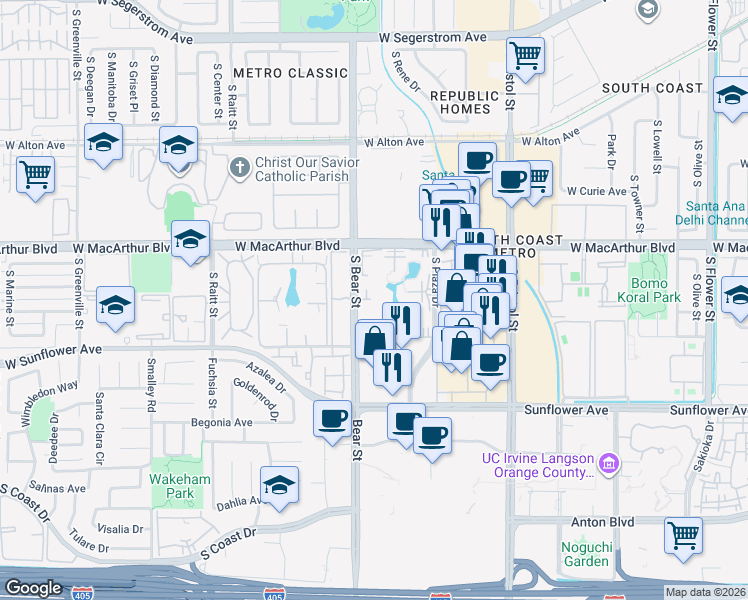 map of restaurants, bars, coffee shops, grocery stores, and more near 3655 South Bear Street in Santa Ana