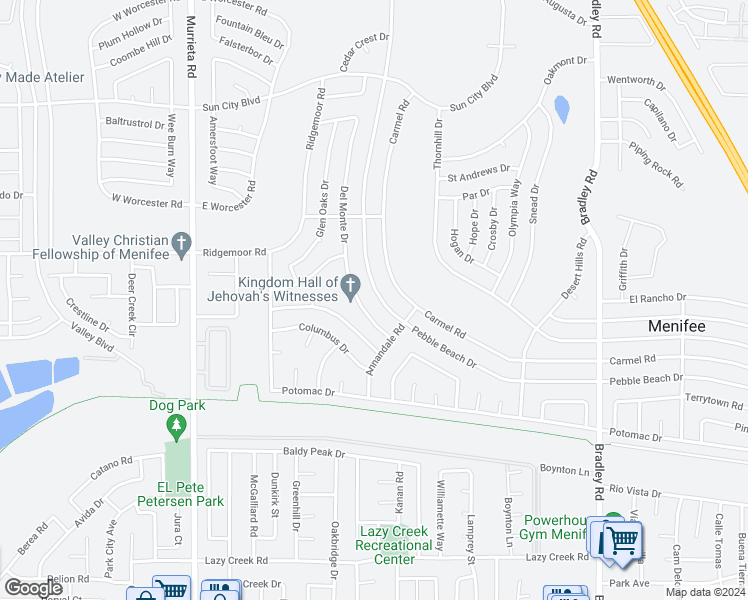 map of restaurants, bars, coffee shops, grocery stores, and more near 29101 Pebble Beach Drive in Menifee