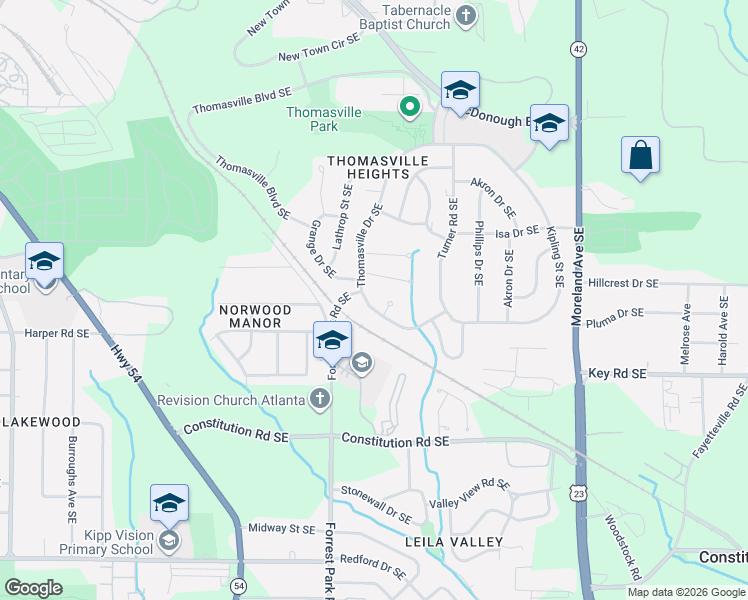 map of restaurants, bars, coffee shops, grocery stores, and more near 1990 Thomasville Drive Southeast in Atlanta