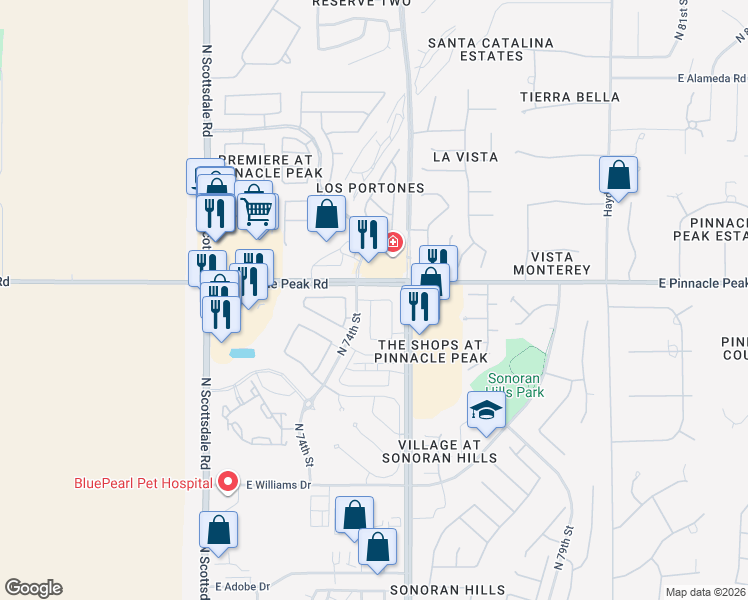 map of restaurants, bars, coffee shops, grocery stores, and more near 23391 North 74th Place in Scottsdale