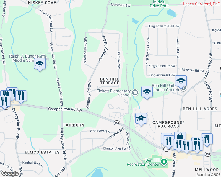 map of restaurants, bars, coffee shops, grocery stores, and more near 4052 Sunset Drive Southwest in Atlanta