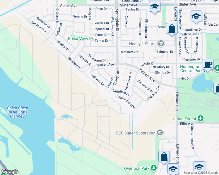 map of restaurants, bars, coffee shops, grocery stores, and more near 18202 Foss Lane in Huntington Beach