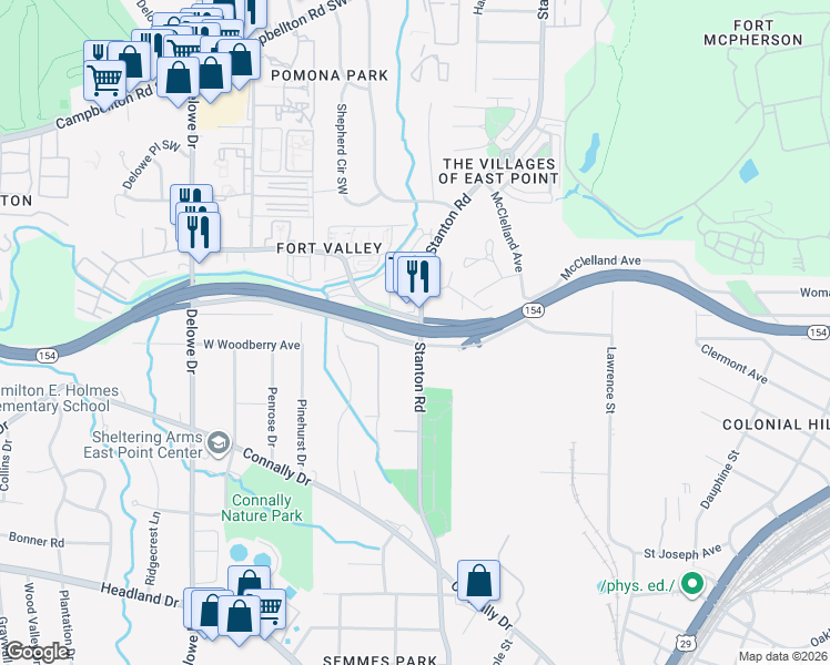 map of restaurants, bars, coffee shops, grocery stores, and more near Arthur B. Langford Jr. Parkway in Atlanta