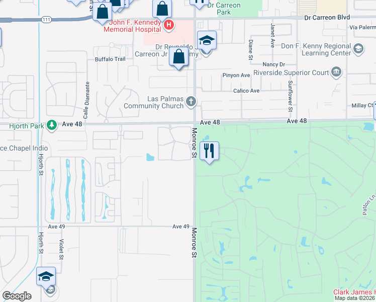 map of restaurants, bars, coffee shops, grocery stores, and more near 48255 Monroe Street in Indio