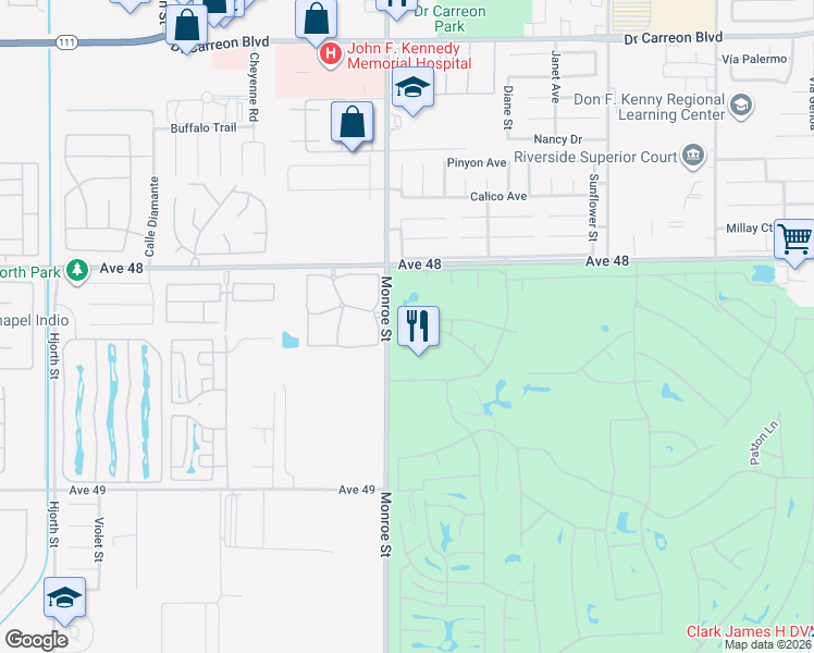 map of restaurants, bars, coffee shops, grocery stores, and more near 48325 Pic Way in Indio
