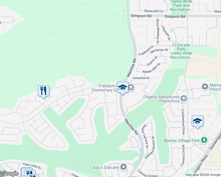 map of restaurants, bars, coffee shops, grocery stores, and more near 28953 Raintree Drive in Menifee
