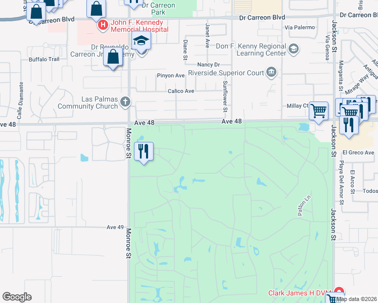 map of restaurants, bars, coffee shops, grocery stores, and more near 82300 Vandenberg Court in Indio