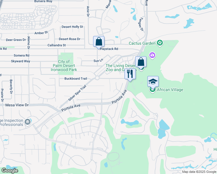 map of restaurants, bars, coffee shops, grocery stores, and more near 48201 Birdie Way in Palm Desert