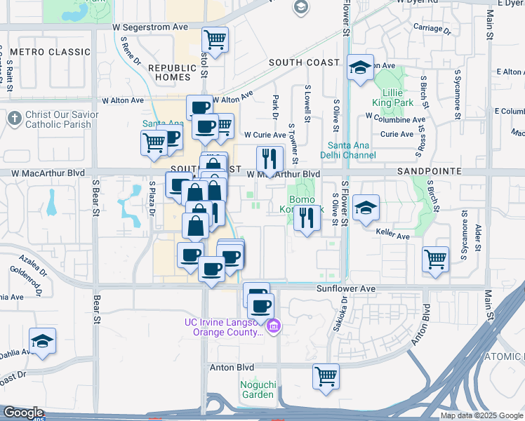map of restaurants, bars, coffee shops, grocery stores, and more near 1010 West MacArthur Boulevard in Santa Ana