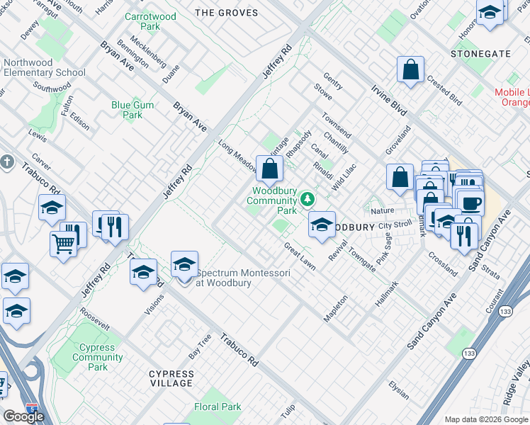map of restaurants, bars, coffee shops, grocery stores, and more near 102 Spanish Lace in Irvine
