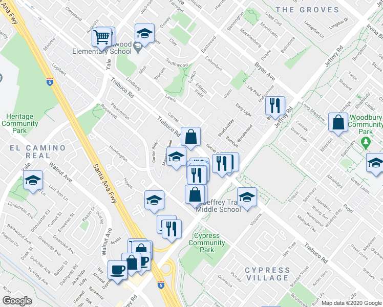 map of restaurants, bars, coffee shops, grocery stores, and more near 5400 Trabuco Road in Irvine