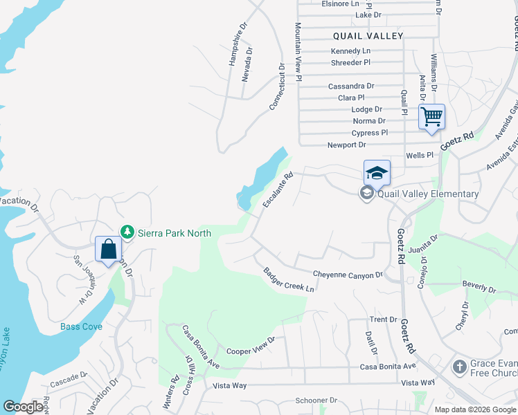 map of restaurants, bars, coffee shops, grocery stores, and more near 29179 Escalante Road in Canyon Lake