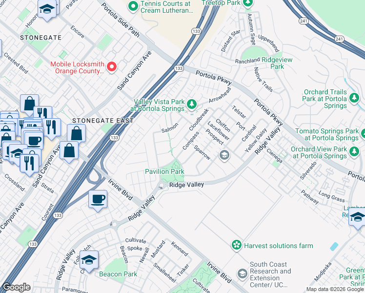 map of restaurants, bars, coffee shops, grocery stores, and more near 177 Compass in Irvine