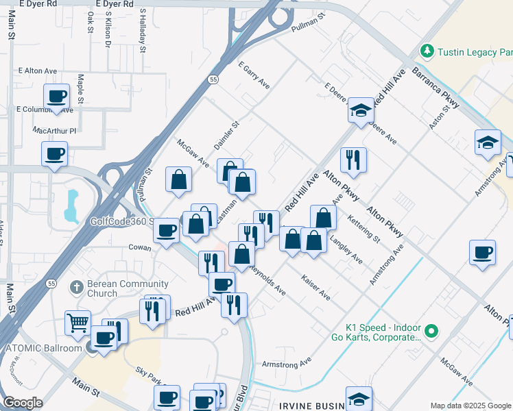 map of restaurants, bars, coffee shops, grocery stores, and more near 1424 McGaw Avenue in Irvine