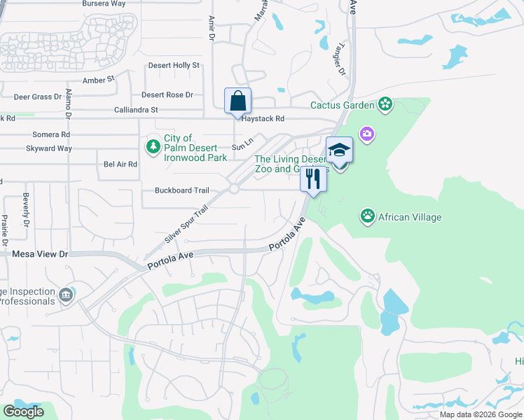 map of restaurants, bars, coffee shops, grocery stores, and more near 48201 Birdie Way in Palm Desert