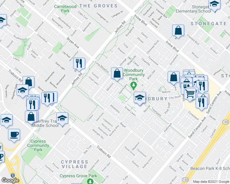 map of restaurants, bars, coffee shops, grocery stores, and more near 102 Spanish Lace in Irvine