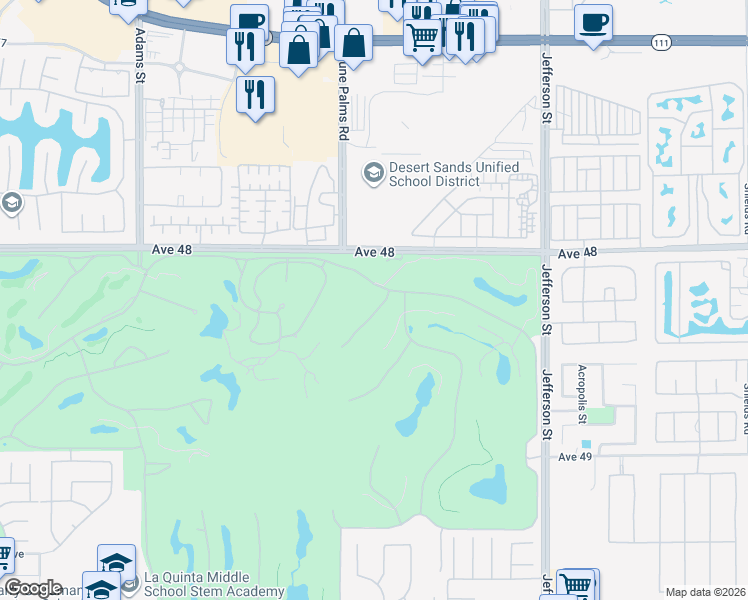 map of restaurants, bars, coffee shops, grocery stores, and more near 48270 Vista Calico in La Quinta