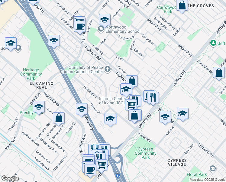 map of restaurants, bars, coffee shops, grocery stores, and more near 2 Ellisworth Aisle in Irvine