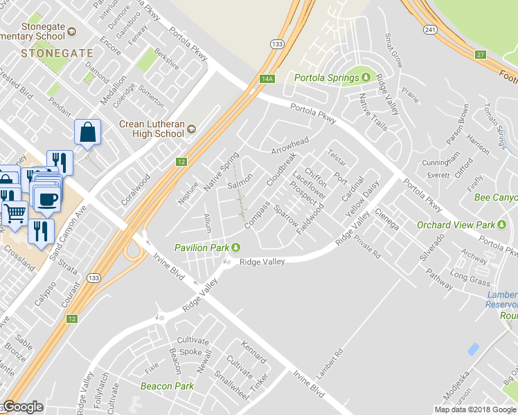 map of restaurants, bars, coffee shops, grocery stores, and more near 177 Compass in Irvine